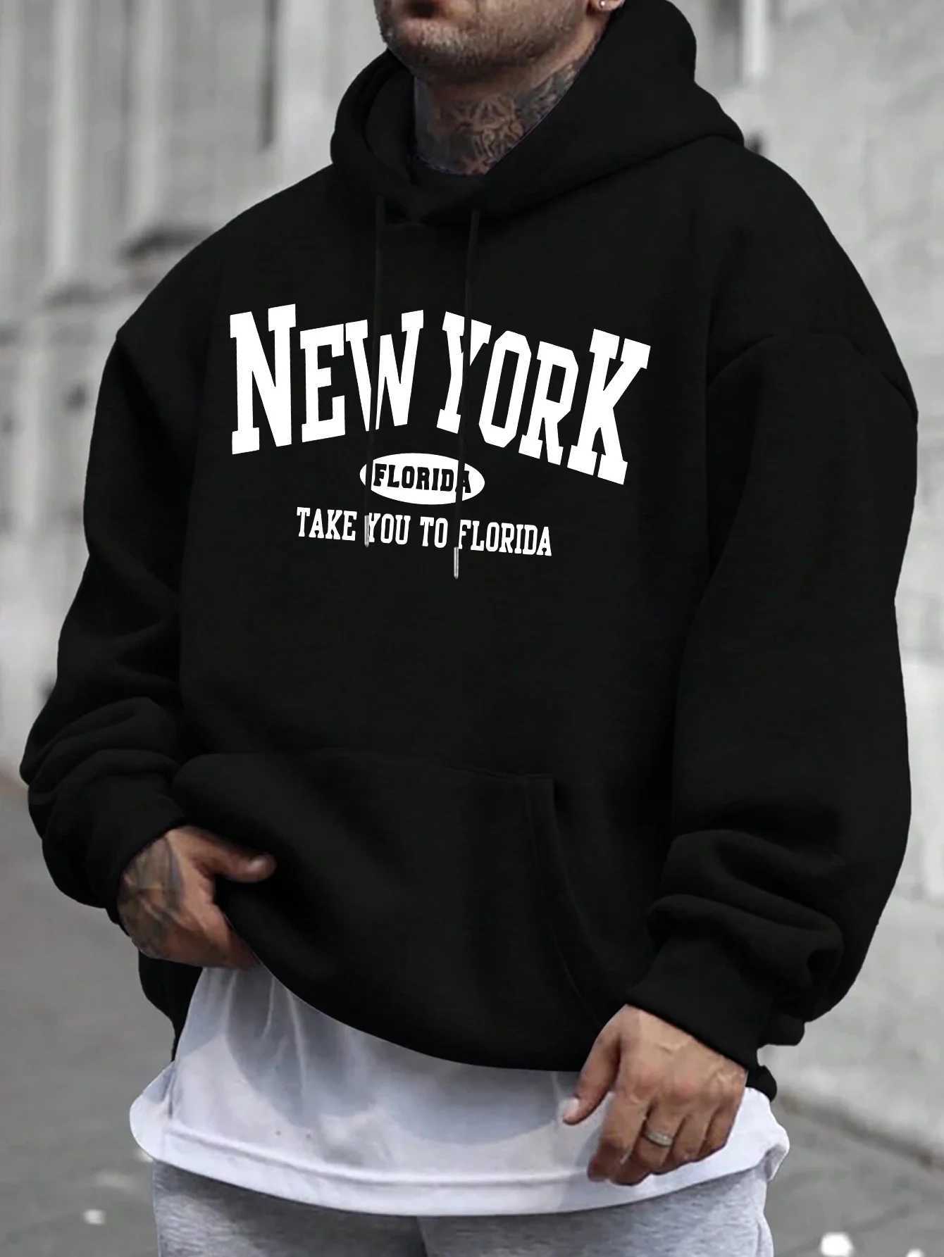 Mens Casual Hoodie with New York Florida Graphic Print Geometric Design Front Pocket Machine for Spring Fall Casual Attire Y250811