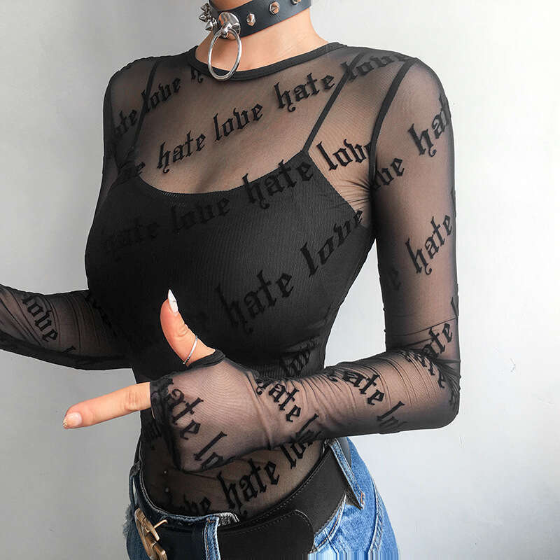2025 Letter Personality Print Sheer Sexy Mesh Long Sleeve T-Shirt Top for Women