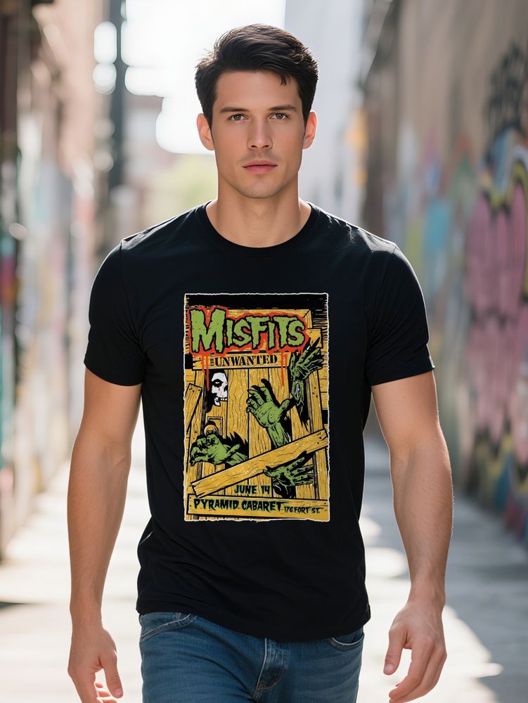 Misfits Black Vintage Graphic Men's T-Shirt Casual Crew Neck Tee with Punk Rock Design Skeleton Hands Pyramid Cabaret