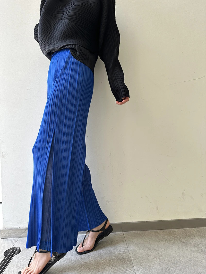 Miyake Pleated Mesh Spliced Casual Pants Women Summer Korean Fashion er Elastic Waist Cropped Straight Wide Leg Pants 250811