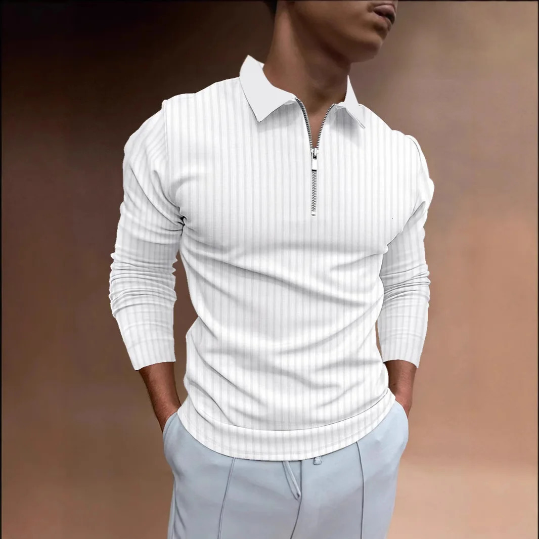 Mens Polo Shirt with Collar Stripes Long Sleeves and Zipper 250811