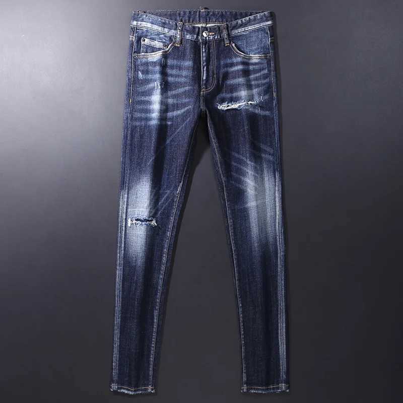High Street Mens Split Style Jeans High-Quality Retro Blue Elastic Tight Jeans Mens Embroidery Designer Hip-Hop Brand Pants X250812