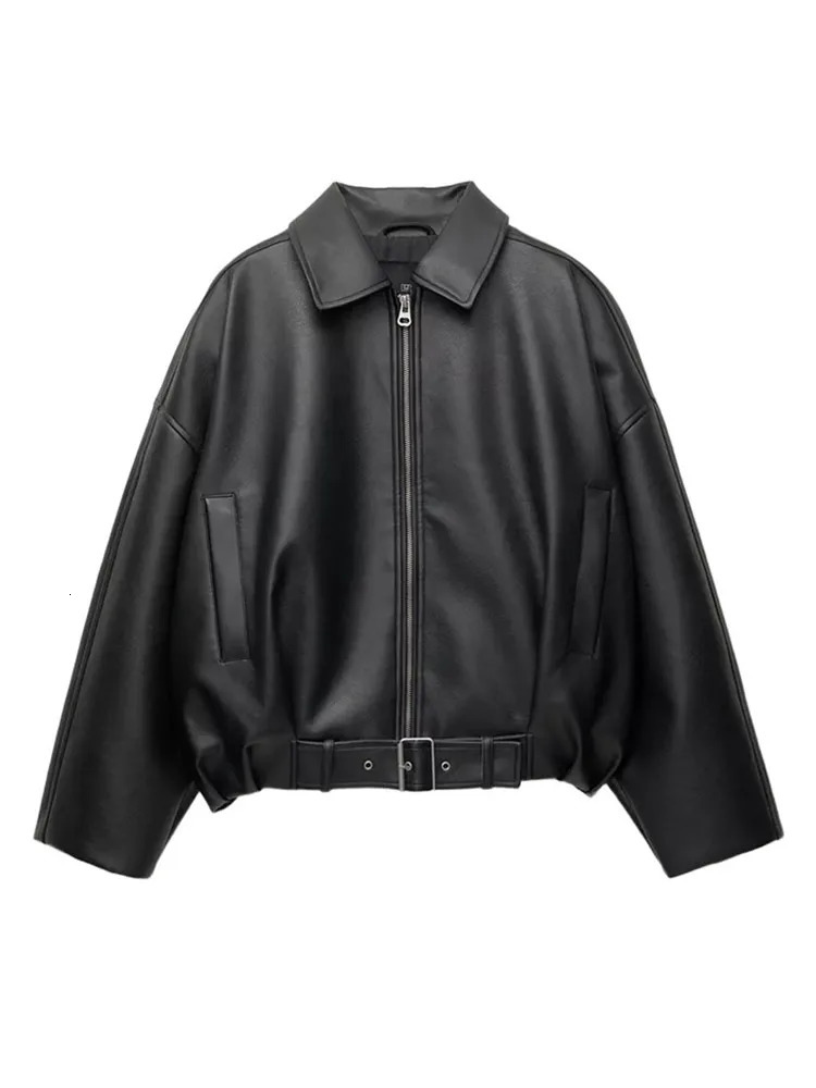 Elegant Pu Zipper Jacket with Belt Women Long Sleeve Lapel Loose Pockets All-match Jacket 2025 Autumn Leather Street Coat Lady 250811