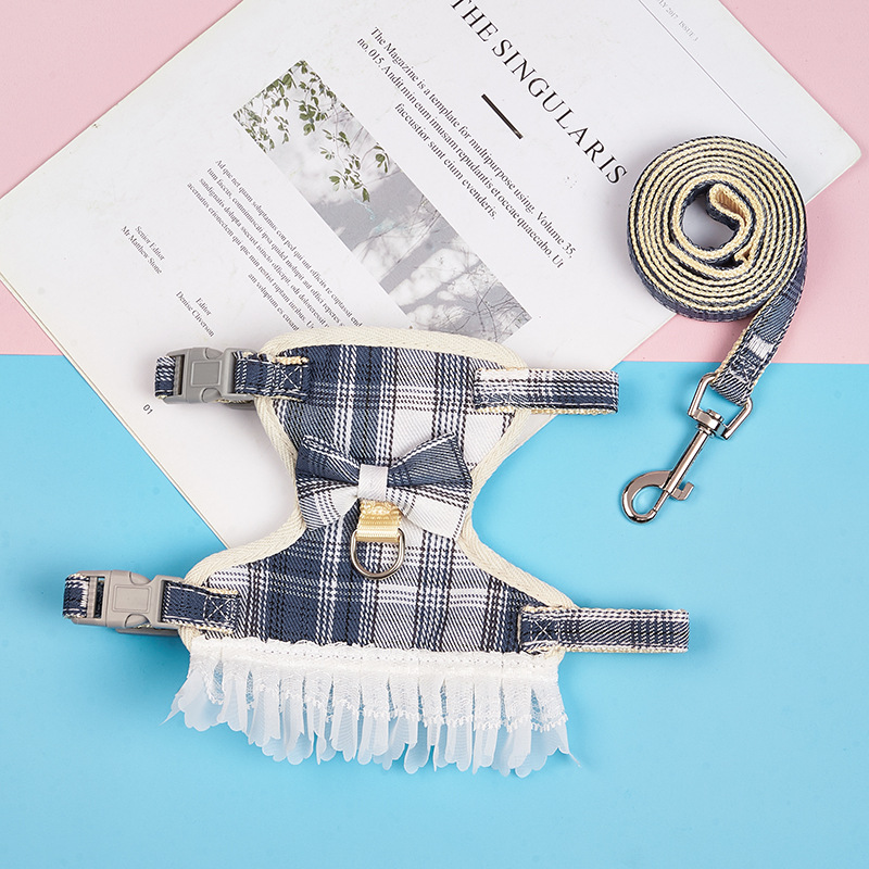 Classic Plaid Cute Dog Collar Harness Leash Set Adjustable Chihuahua Puppy Cat Harnesses Vest for Small Medium Dogs Cats Walking