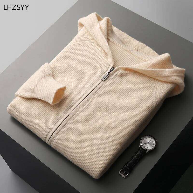 100%Pure Wool Zipper Cardigan Men's Hooded Collar Large Size Knit Coat Fashion Loose Thicken Jacket Autumn Youth Cashmere Hoodie 250812