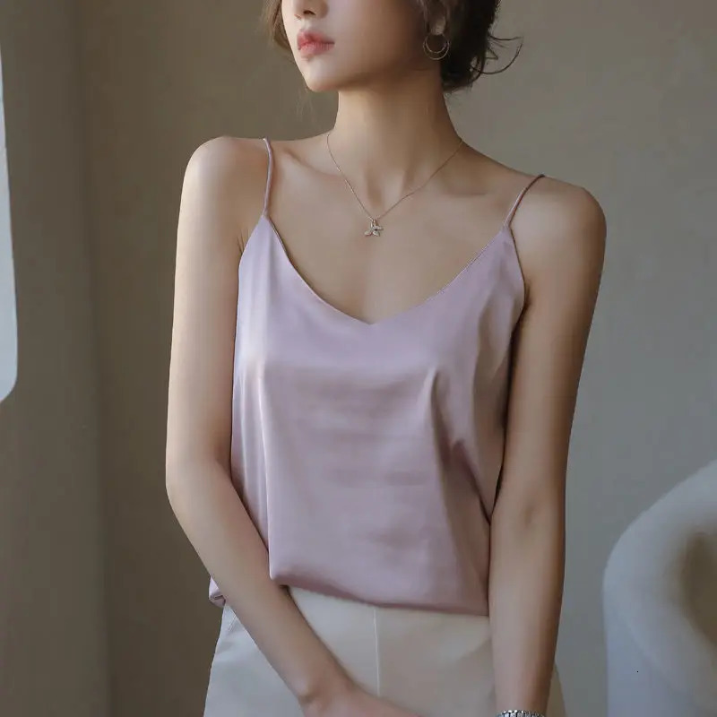 Spaghetti Strap Top Women Halter V Neck Basic White Cami Sleeveless Satin Silk 2025 Tank TopS Summer Camisole 250804