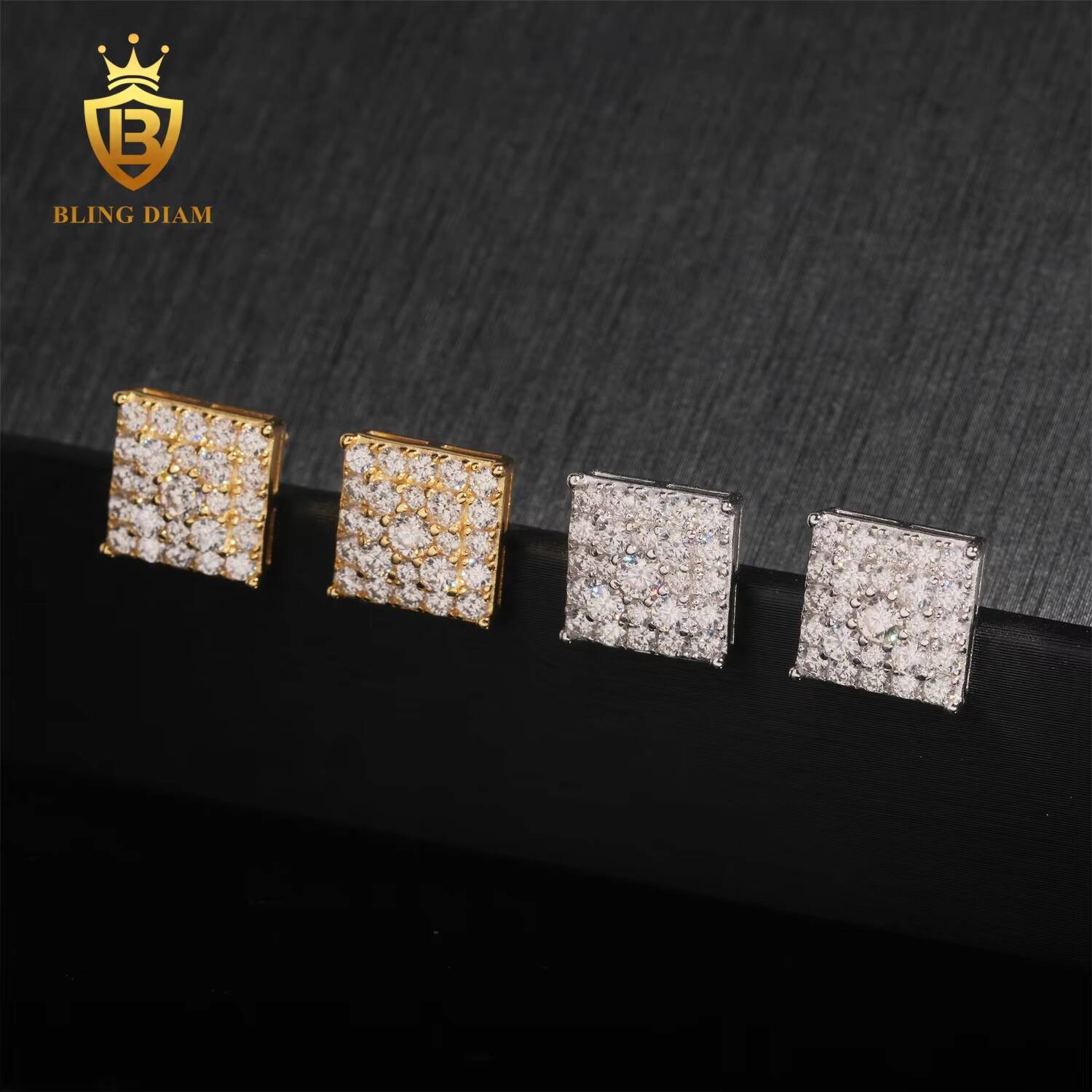 Blingdiam Jewelry 925 Sterling Silver Vvs Moissanite Custom Natural Diamond Square Earrings Stud for Men Women Vintage