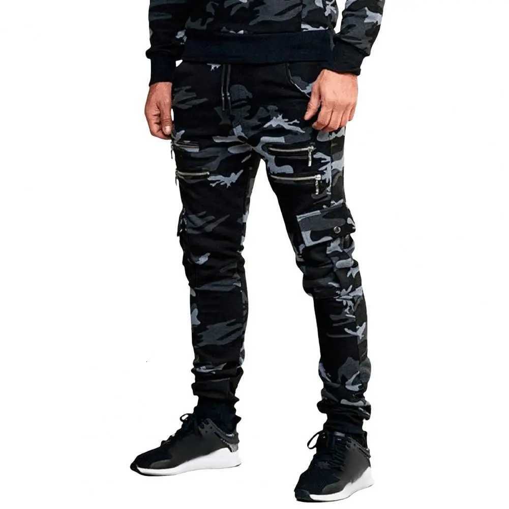 Summer Men Cargo Pants Camouflage Print Multi Zippered Pockets Drawstring Elastic Waist Ankle-banded Slim Outdoor Pants X250812