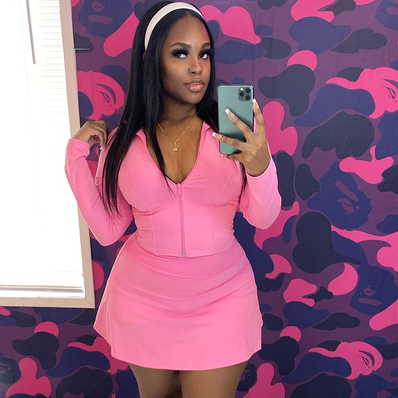 CUTENOVA Women Solid Color Stand Collar LongSleeved Slim Zipper Short Top ALine Skirt TwoPiece Set Casual Simple Sports 250811