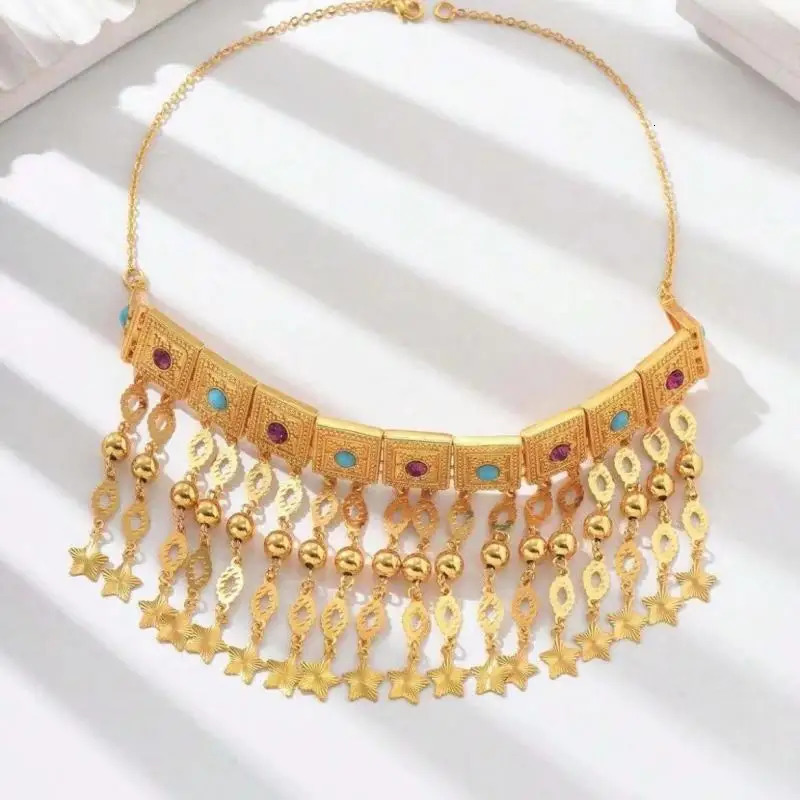 Vintage Boho 24K Gold Plated Copper Tassel Pendant Rhinestones Necklace For Women Bridal Choker Neck Jewelry Ramadan Gift 250807