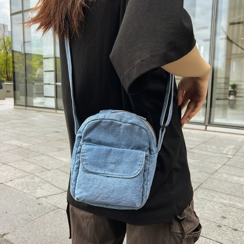 Canvas Japanese and Korean Style Youth Single Shoulder for Women Casual Solid Color Messenger Simple Embroidery Phone Bag Trendy