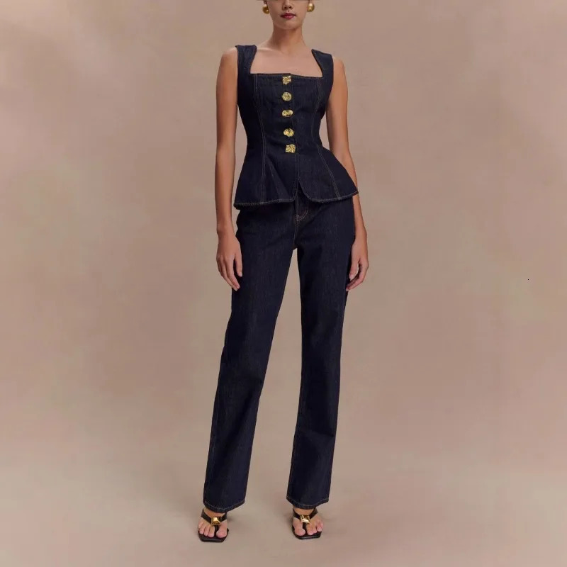 Spring and Autumn Womens Retro Denim Set Retro Solid Color Sleeveless Single Bretted Vest Top/Stylish High Waist Pants 250806