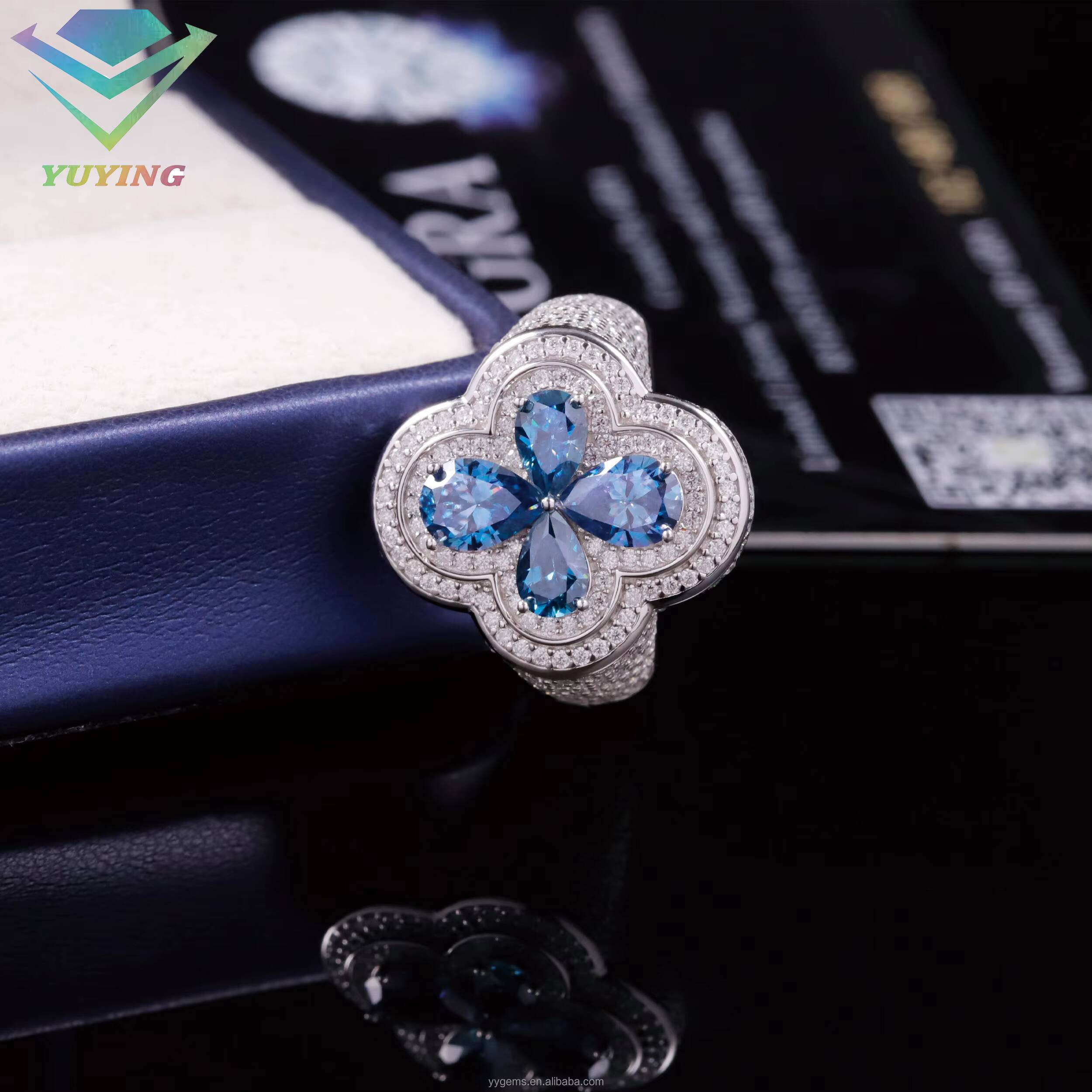 Deep Blue Color Pear Cut Moissanite Diamond 925 Silver Material Clover Shape Cuban Ring