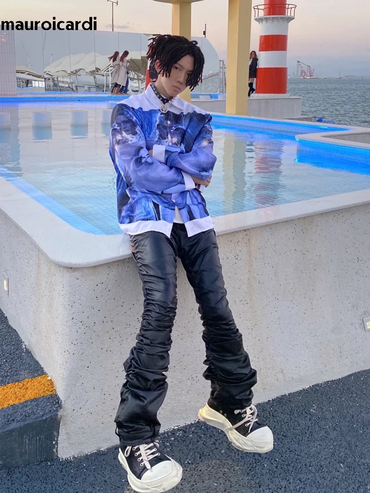 Mauroicardi Spring Autumn Long Fitted Skinny Matte Black Pu Leather Ruched Stacked Pants Men er Clothing Trousers 250812