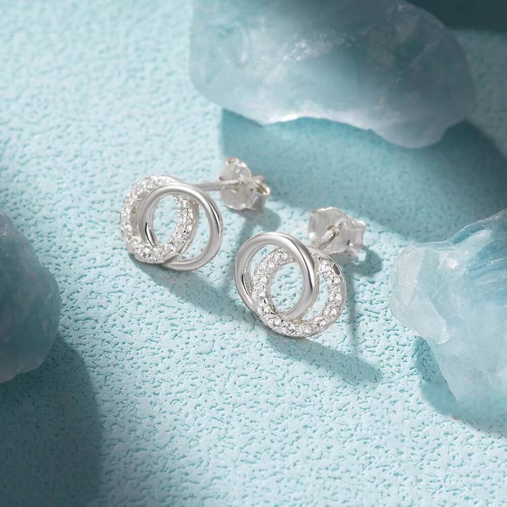 18K gold fashion jewelry 925 pure silver inlaid moissanite small hollow double round plate earrings for women