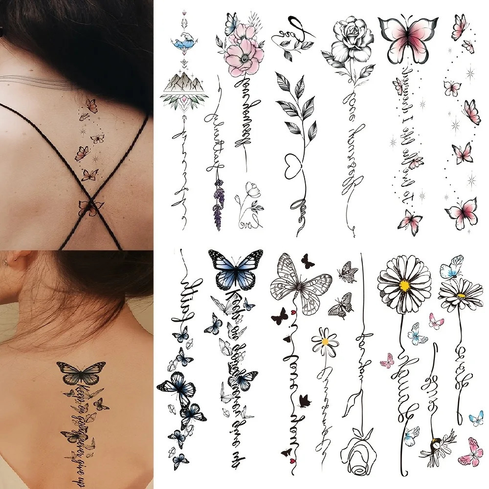 6 Sheets Simple Flowers Temporary Tattoos English Words Tattoo Stickers For Women Body Back Waterproof Arms 250809