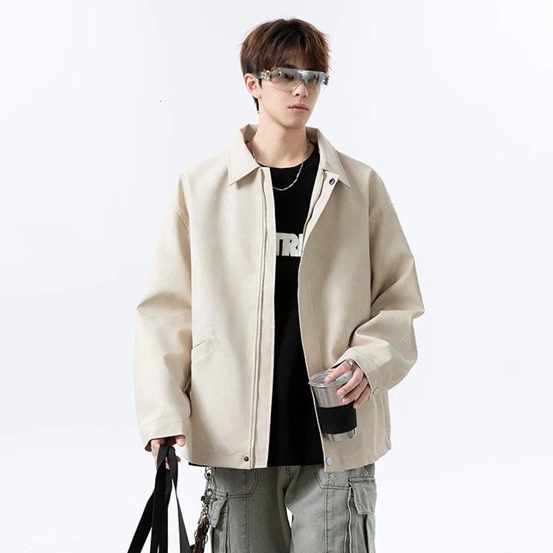 FEWQ High Street Mens PU Leather Jackets Solid Color Turn-down Collar Casual Pocket Fashion Loose Trendy Male Coats 24K5478 250811