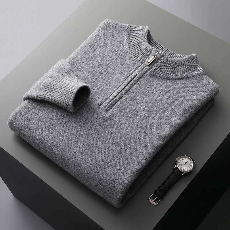 100% Merino Wool Knitted Sweater Men's Semi-Zipper High-Neck Thicken Pullovers Fashion Loose Large Size Tops Cashmere Base Shirt 250812