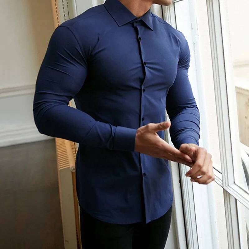 Spring Autumn Men's Fashion Casual Shirt Long Sleeve Solid Color Slim Fit Business Dress Shirts Male Fiess Sports Blouse Tops ddmymarket