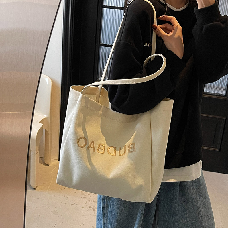 New Embroidered Letter Canvas Shoulder for Women, Large Capacity Mommy Casual Tote Bag, Student Shopping Bag