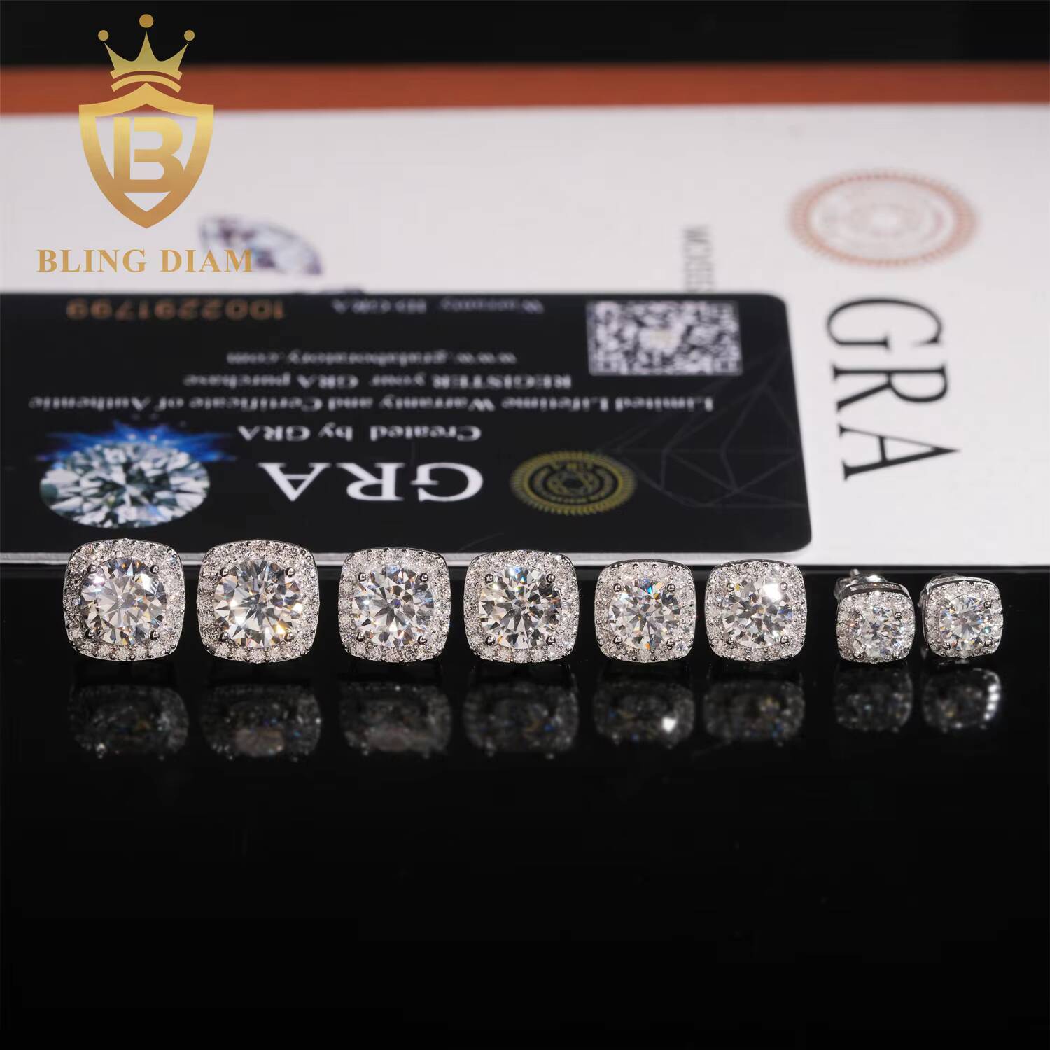 GRA Certificate 5mm-8mm Round Cut Halo Moissanite Diamond Earrings 925 Sterling Silver Hip Hop Stud Earrings