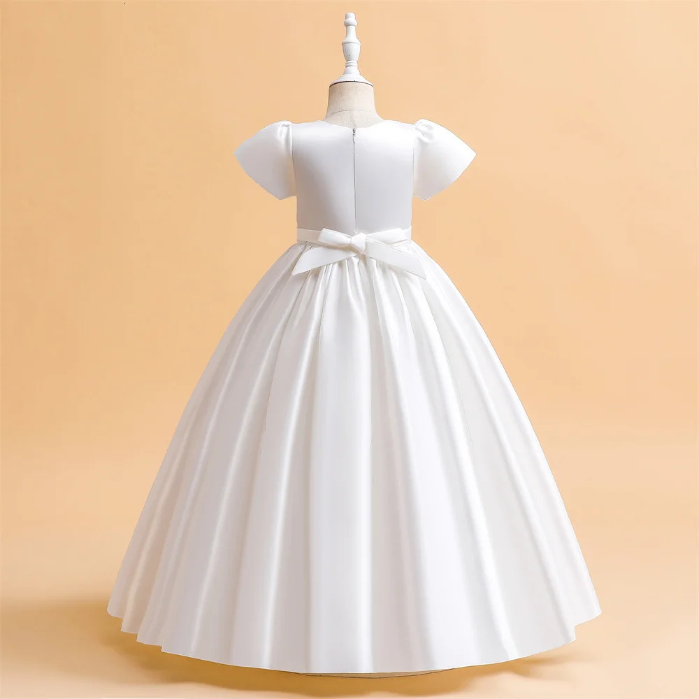 Elegant Satin White Bridesmaid Girl Party Dress Cerenony First Communion Wedding Princess Prom Kids Dress for Girl Birthday Gown 250811