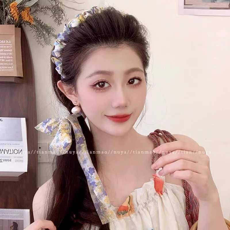 Elegant Print Flower Long Ribbon Teethed Hairband For Girls Sweet Hair Hoop Band Fashion Hair Accessories X250812