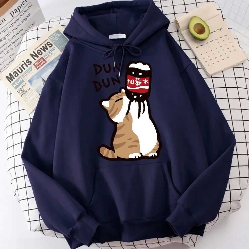 Cartoon Cat Drink Salary Increase Beverages Mens Hooded Sweaters Casual Loose Hoodies Pleasure Sweatshirts Home Harajuku Tops Y250811