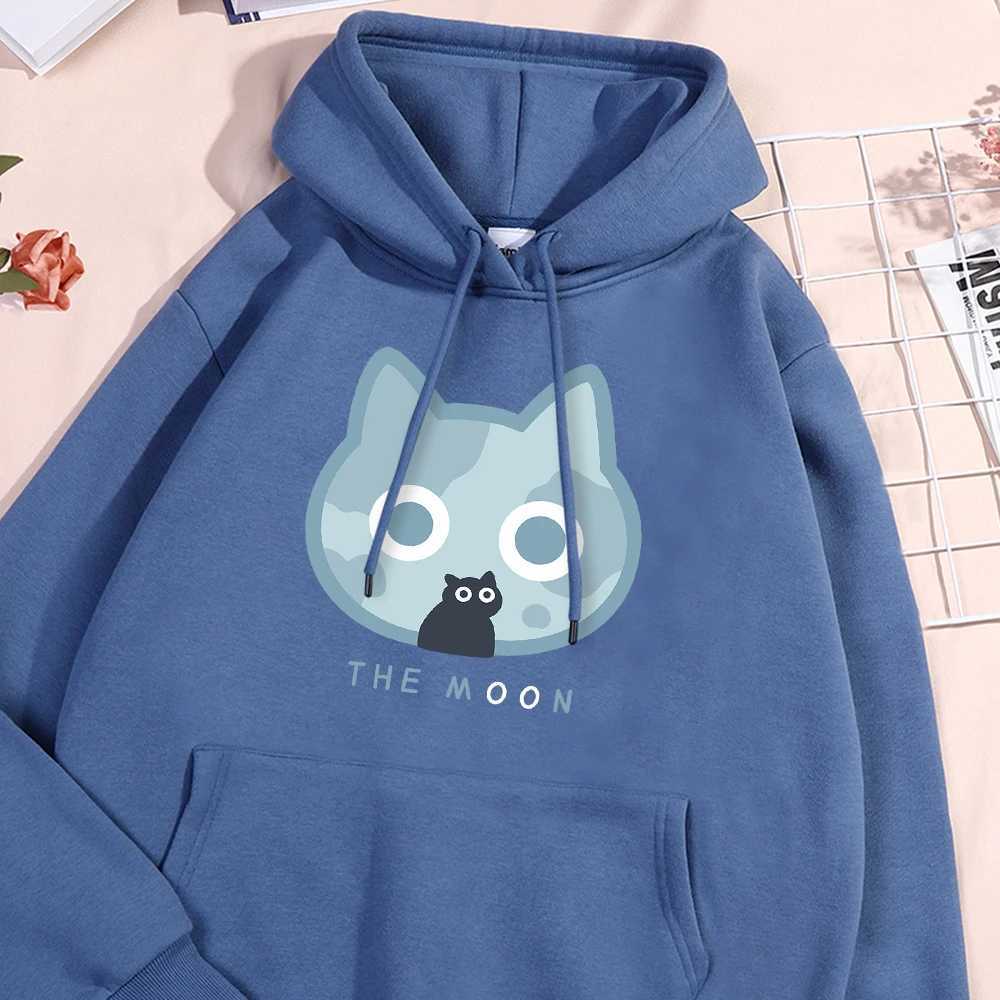 The Moon Blue Cat Fun Print Hoody Men Women Harajuku Style Hoodie Loose Warm Sweatshirt Fashion Fleece Pullover Clothing Couple Y250811