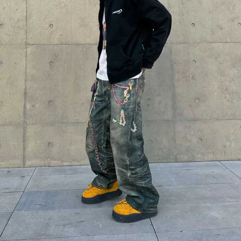 High Street Personalized 3D Printed Chain Hanging Decoration Baggy Jeans Pants Mens Distressed Straight Wide Leg Jeans Plus Size X250812