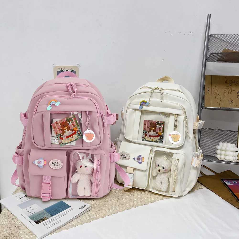 Laptop Backpack Fashion College Student Backpack with Plush Pendant Pin Cute Kawaii Large Capacity Japanese Style for Teen Girls W250812