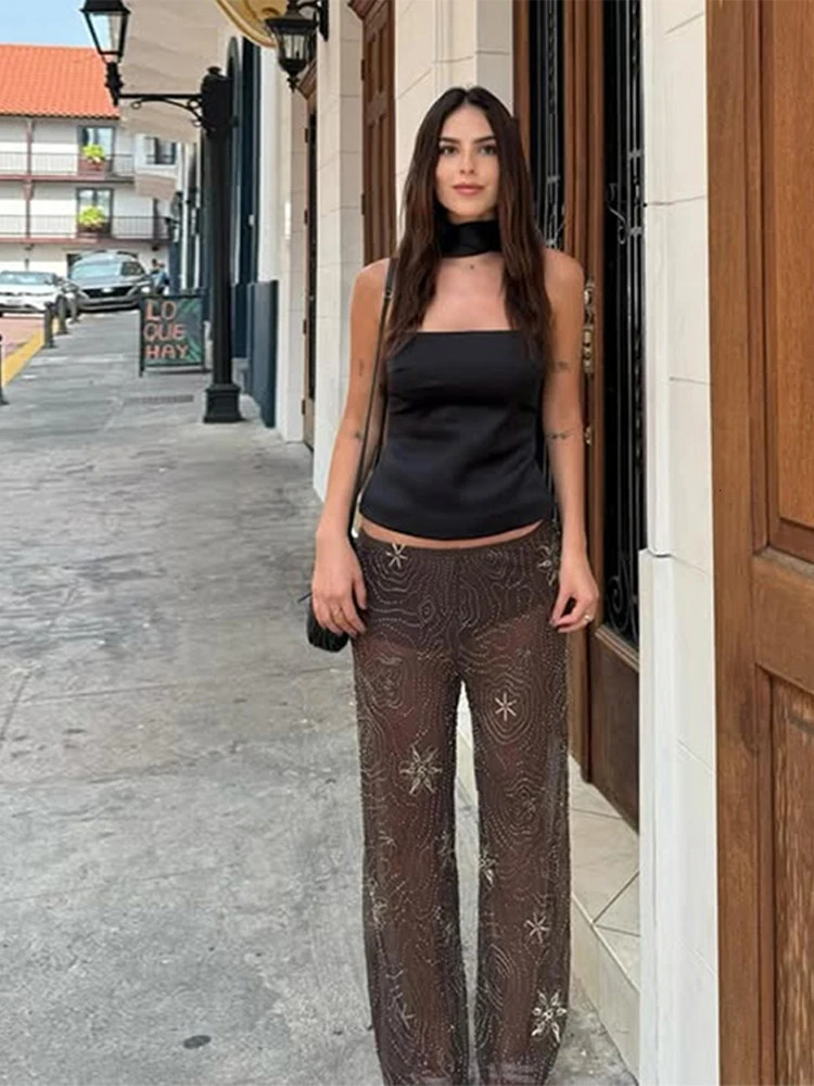 Fashion Beading Sequined Y2k Pants Women See Through Elastic Waist Wide Leg Trousers 2025 Spring Summer Lady Party Streetwear 250811