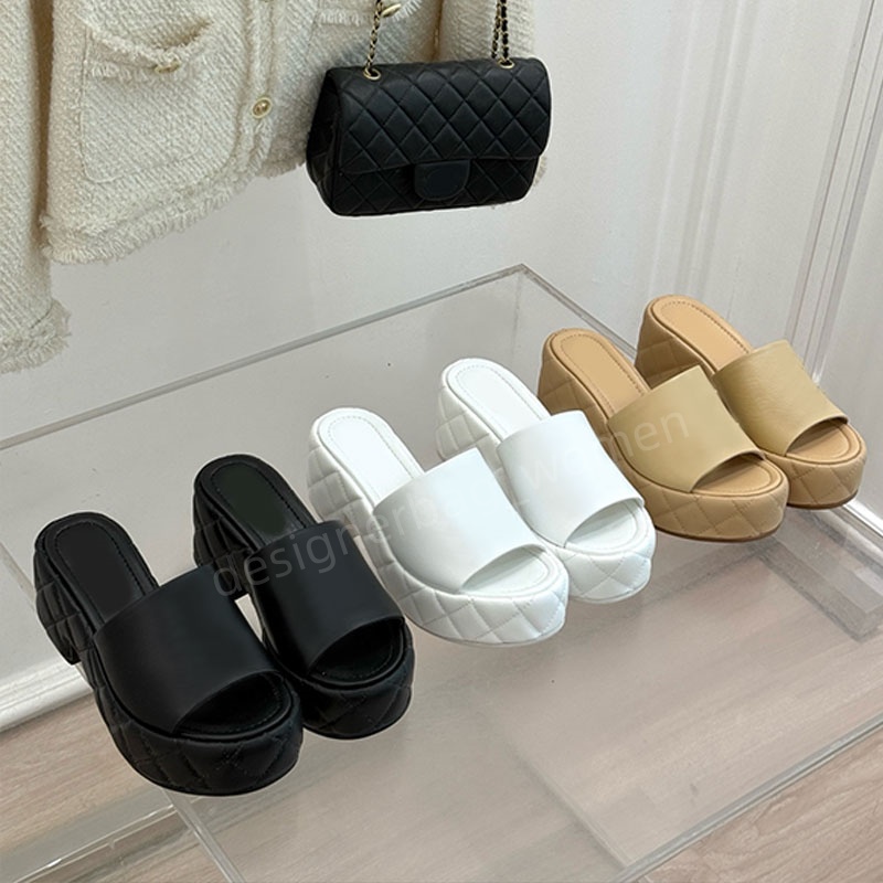Platform Sandals Slide Designer Slippers Wedge Heel 6cm Beach Classic Argyll Metal Letter Sandals Luxury Summer Lady Leather Flip Flops Top Quality Women Slides