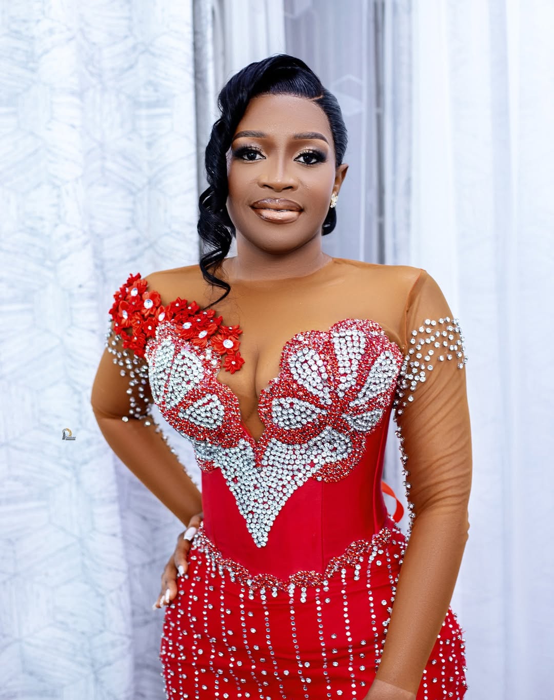 Mermaid Red Plus Size Prom Dress 2025 Evening Dresses For Special Occasions Sheer Neck Beaded Lace Tiered Illusion Birthday Second Reception Gown AM20