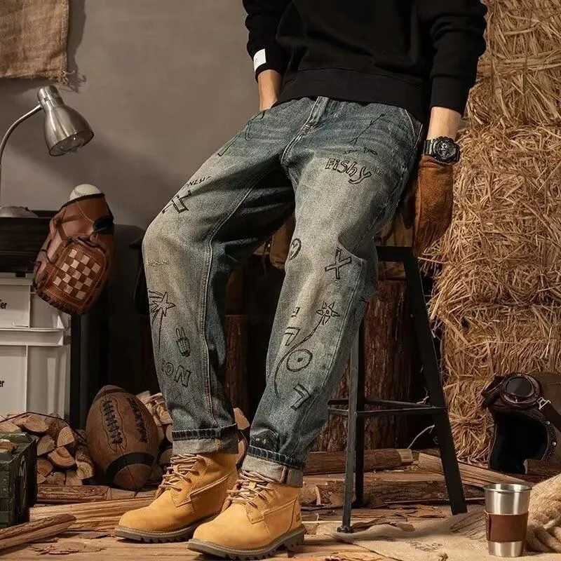 Autumn and Spring Fashion Trend Printed American Vintage Straight Leg Jeans Mens Loose Sports Plus Size High-End Denim Pants X250812