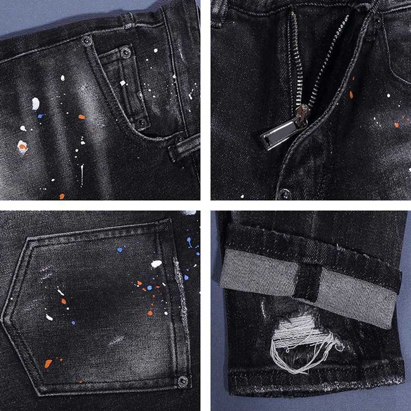 Fashionable new mens jeans scratch painted washed nostalgic stretchy slim fit blue jeans high street designer hip-hop style X250812