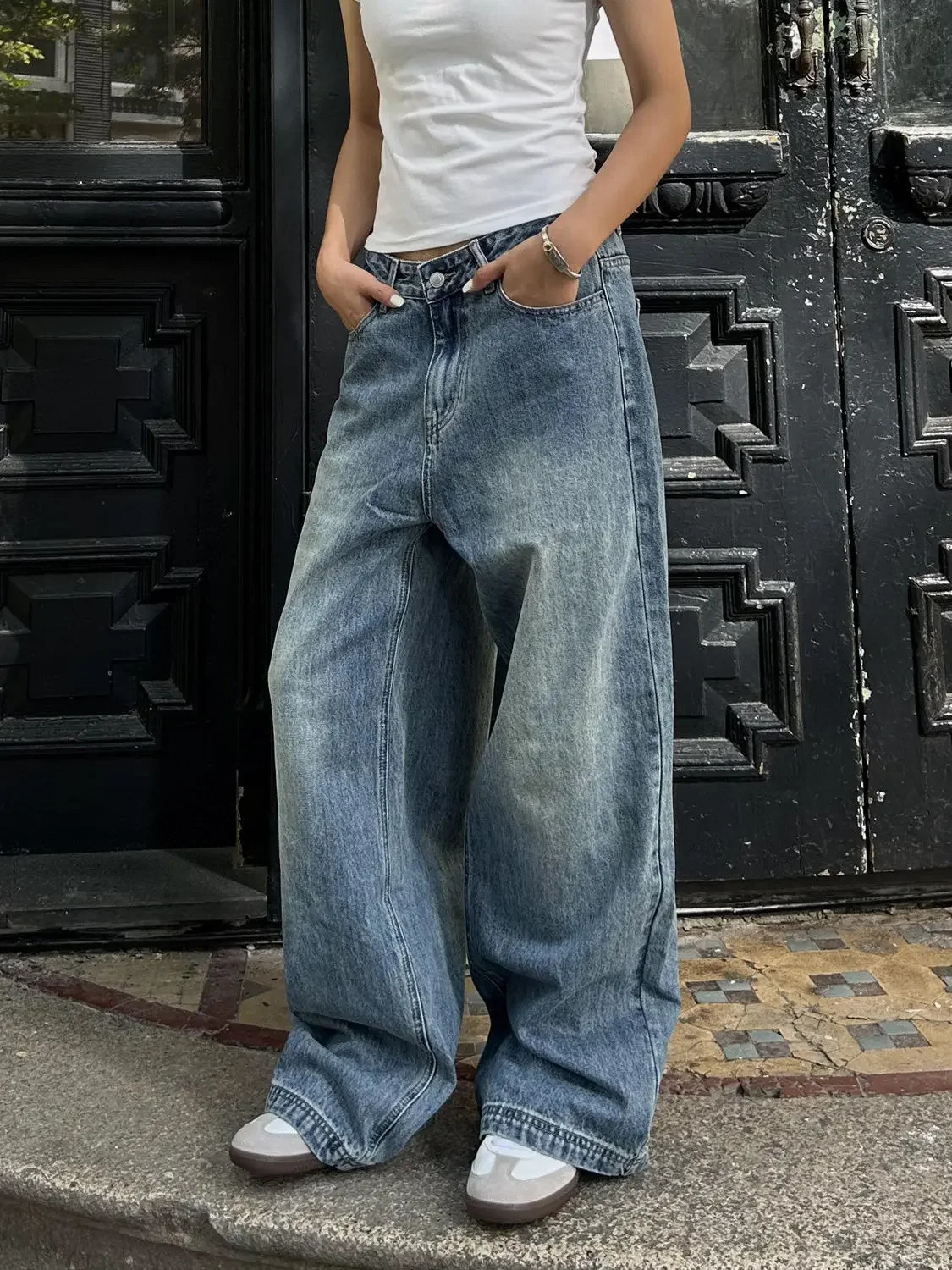 Vintage Aesthetic Emo Loose Washed Pants Summer Womens Casual Blue Harajuku Jeans Y2K Wide Leg Punk Baggy Denim Trouser 250811