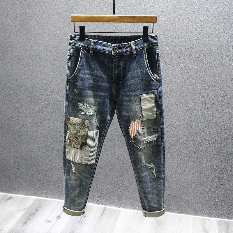 Mens Fashion Stretch Splicing Jeans Slim Personality Street American Retro Y2K Denim Trousers Distressed Ripped Pants Male X250812