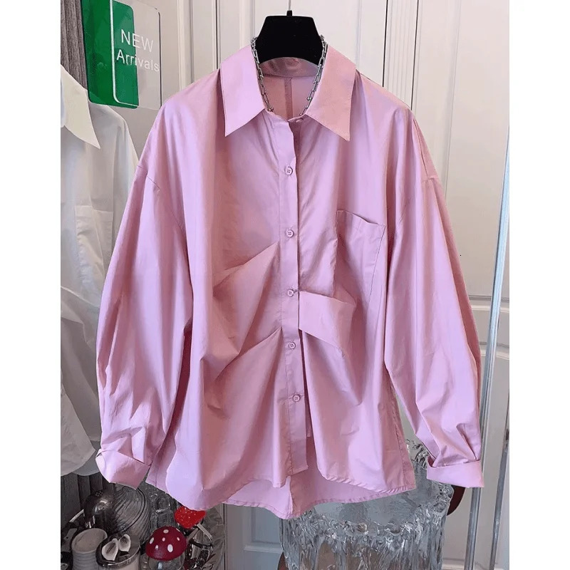 Simplicity Pleated Irregular Patchwork Long Sleeve Blouse Female Casual Autumn Buttons Solid Color Turn-down Collar Women Shirts 250811