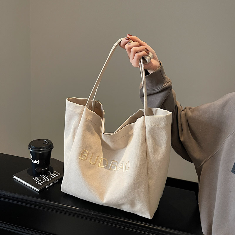 New Embroidered Letter Canvas Shoulder for Women, Large Capacity Mommy Casual Tote Bag, Student Shopping Bag