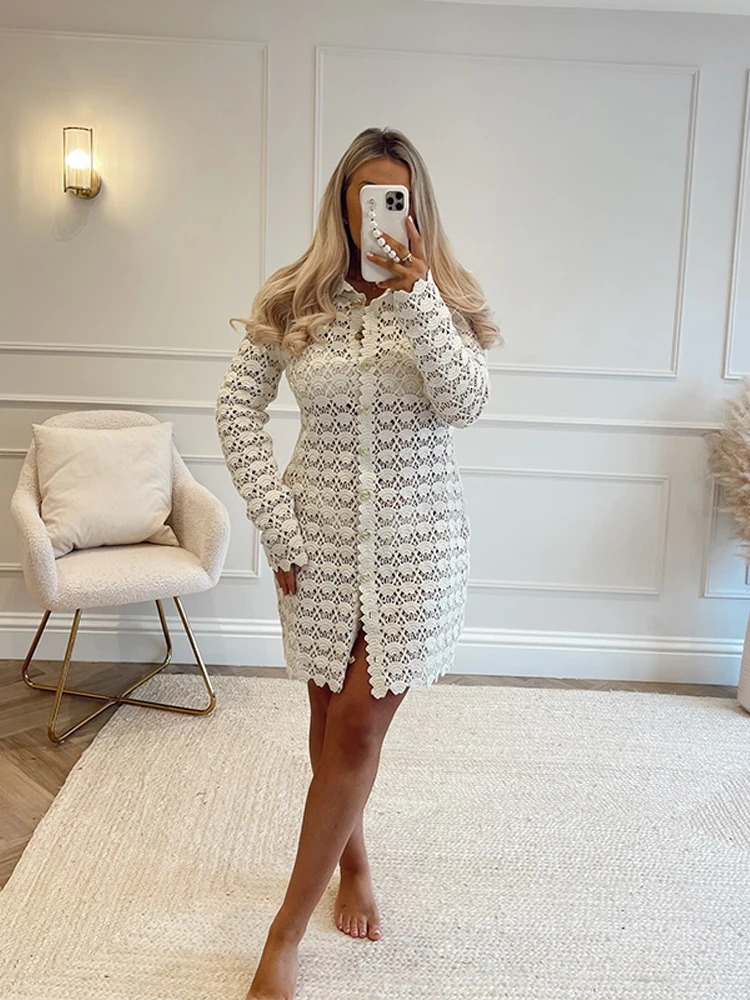 Elegant Knitted Hollow Out Mini Dresses Women Casual Loose Lapel Single Breasted Dress Female Versatile Chic Street Party Beach 250805