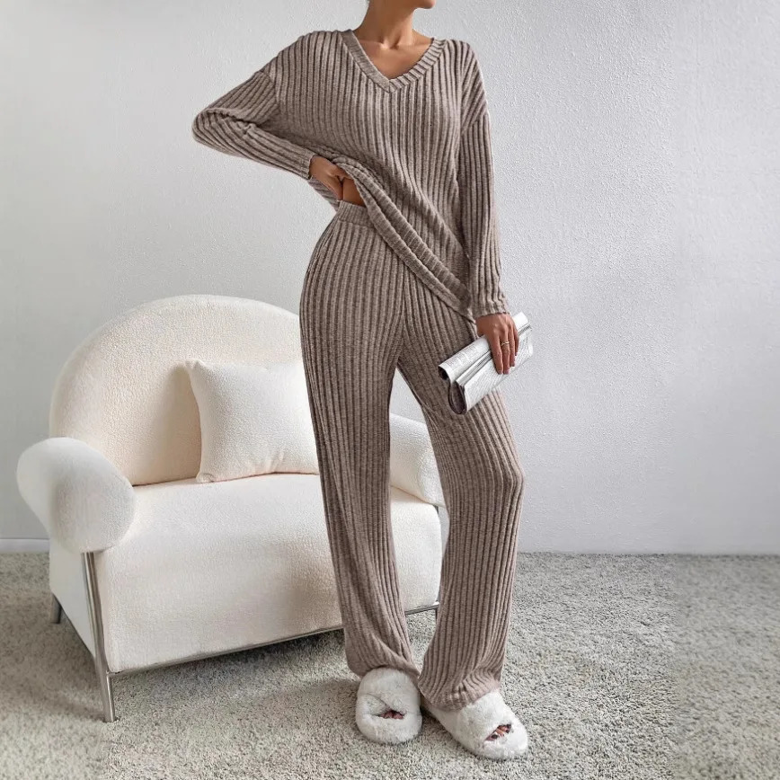 Autumn Winter Ribbed Knit Two Piece Set Womens V Neck Long Sleeve Top Wide Leg Pants Loungewear Casual Solid Color Outfit 250811