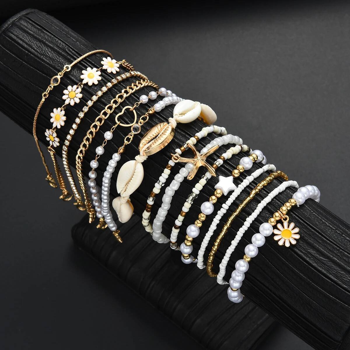 15PCS Bohemian Starfish Shell Rice Beaded For Women Summer Gold White Color Daisy Pearl Bracelets Sets Beach Jewelry