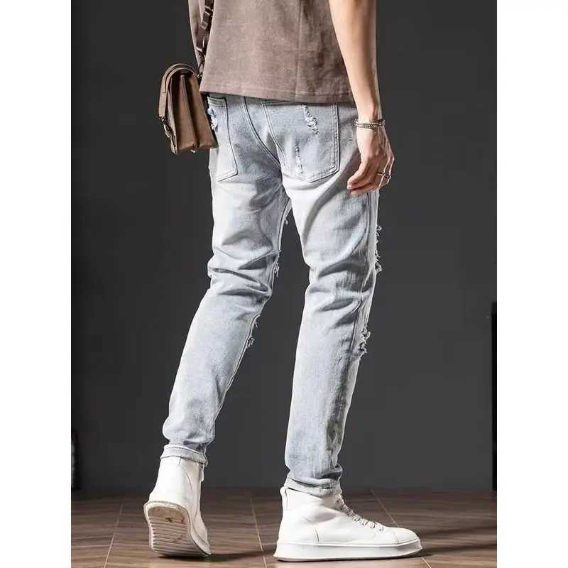 Trendy Brand Ripped Light-Color Jeans Mens 2025 Spring Summer Thin Slim-Fit Pants Ruffian Hands Pants Ripped Jeans Men Clothing X250812