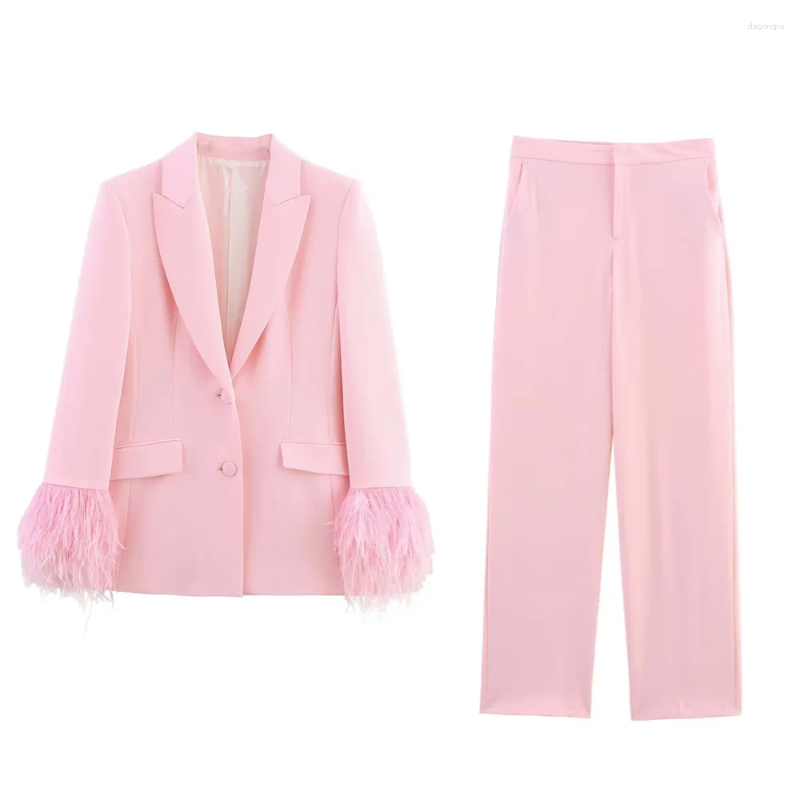 Women's Two Piece Pants UNIZERA Lapel Feather Embellished Cuffs Suit Jacket High Waisted Casual Spring/summer Clothing