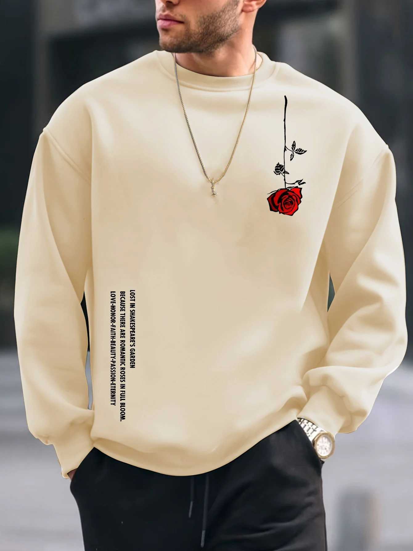 Mens autumn and winter fashionable casual loose plus rose pattern printed fleece pullover round neck long sleeved sweatshirt Y250811