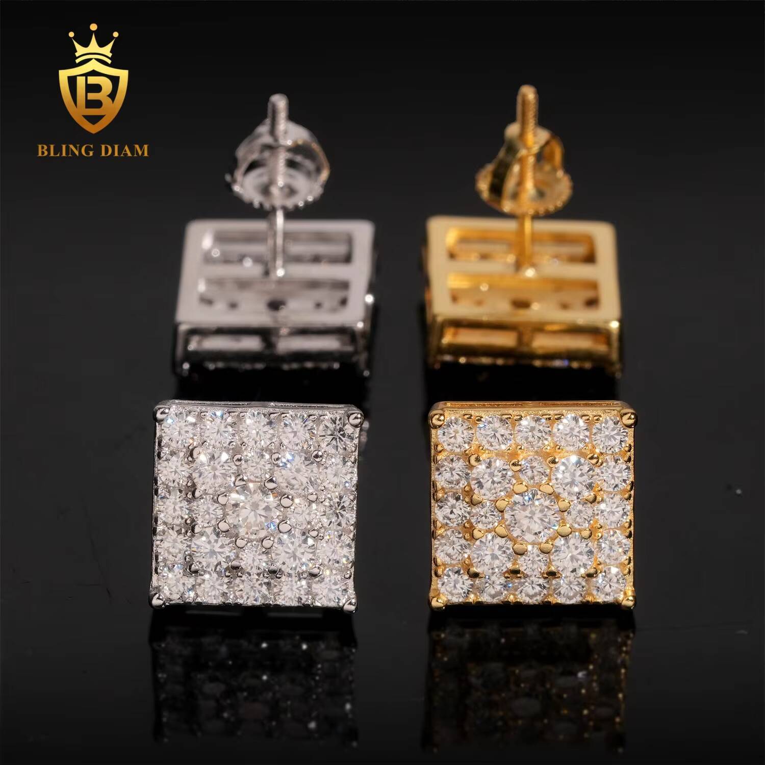 Blingdiam Jewelry 925 Sterling Silver Vvs Moissanite Custom Natural Diamond Square Earrings Stud for Men Women Vintage