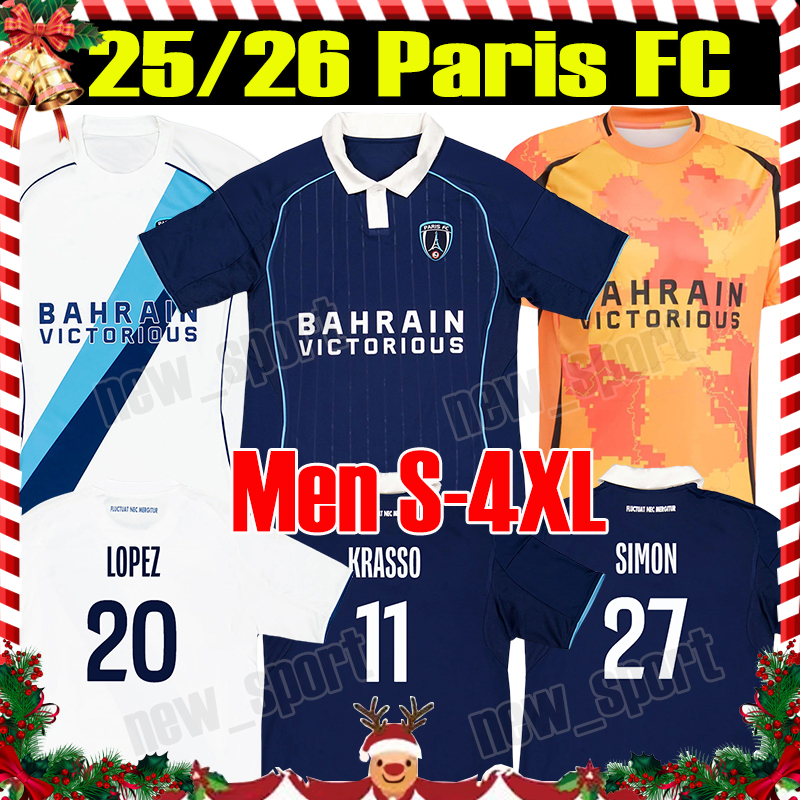 4XL 2025/26 Paris FC Soccer Jerseys Fans Version KRASSO HAMEL #29 GORY LOPEZ DICKO Home DOUCET #8 Away Men kids kit Football Shirts