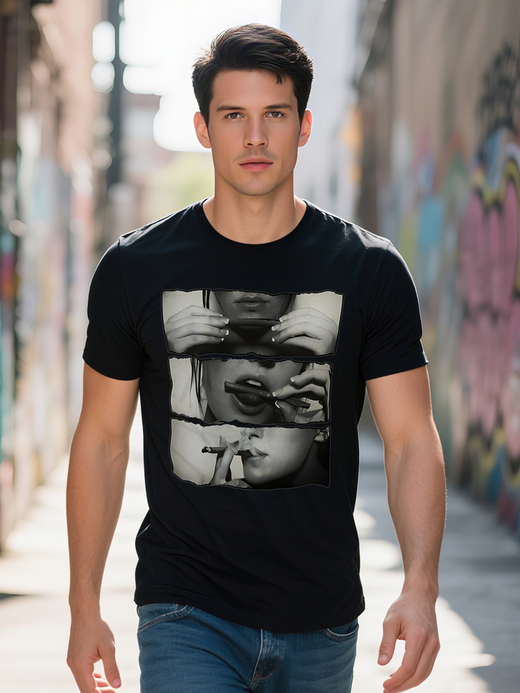s Graphic T Shirt Black Crew Neck with Artistic Print Design Short Sleeve Style Perfect Gift for Men Summer