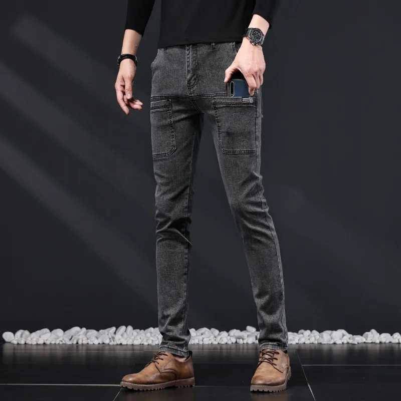 Fashion Design Multi Pocket Jeans Mens New Slim Stretch Skinny Casual Denim Pants Dark Gray Washed Streetwear Mens Trousers X250812